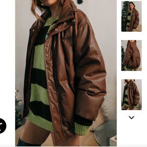 CASSANDRA - BROWN OVERSIZED PU BOMBER JACKET